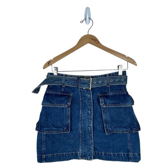 Pixie Market AR Denim Cargo Pocket Mini Skirt Sz S Blue Belted A-Line Y2K - Picture 2 of 12